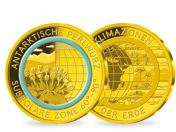 Die Gold-Gedenkprägung „Antarktische Perlwurz – subpolare Zone“ mit türkisfarbenem Farbring